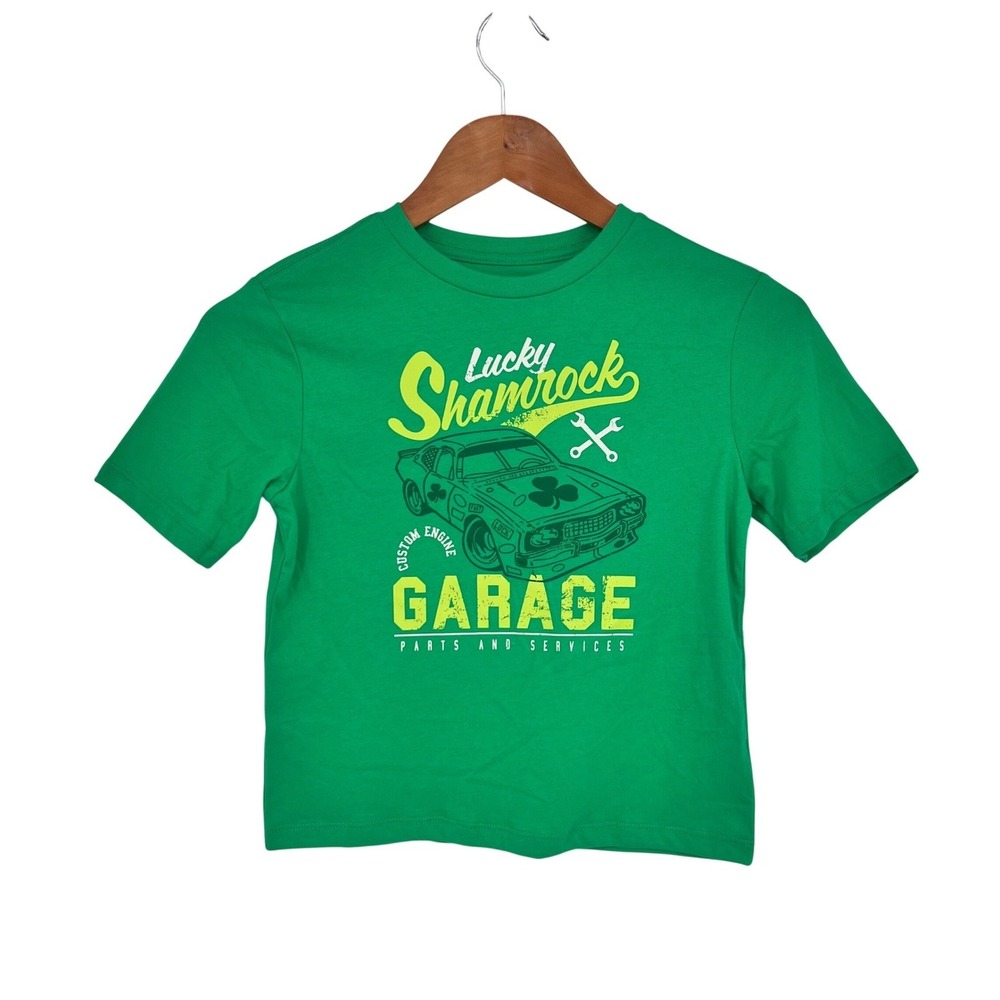 Lucky‎ Shamrock Garage Car Graphic Tee Boys Medium 8 Green St Patricks Day